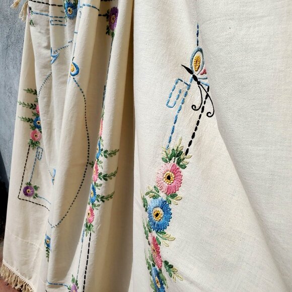 Antique Embroidered Ecru Bedspread 1923 Bucilla Double Bed Flowers Butterflies - Picture 16 of 16